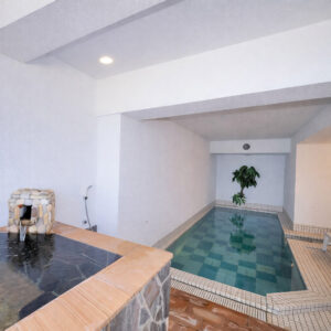 Espace piscine intérieure carrelé avec fontaine en pierre