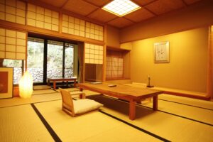 Tatami room with low table and floor chairs