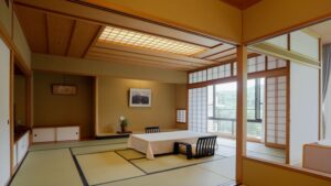 Tatami room with low table and floor chairs