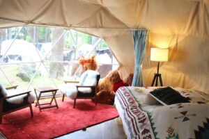豪华露营帐篷客房内的床和椅子