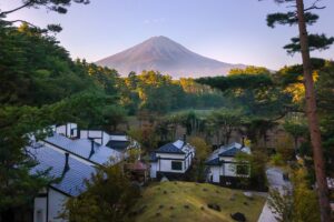 别墅建筑和树木上方的富士山