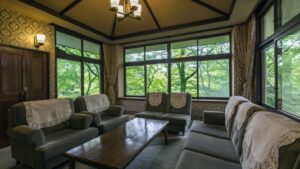 Sofás y sillones junto a grandes ventanas en la habitación