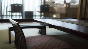Low table with floor cushions in tatami room