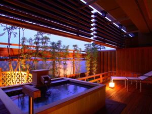 Private open-air wooden bath on the room terrace