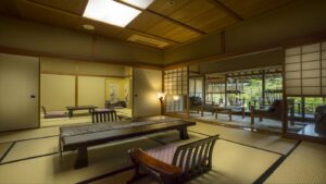 Tatami guest room with low tables and chairs