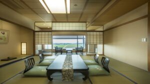 Tatami room with low table and floor chairs