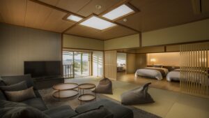 Tatami room with sitting area and two beds