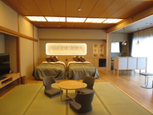 Twin beds in a tatami guest room