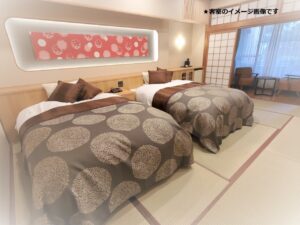 Twin beds in a tatami guest room
