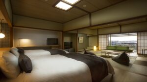 Twin beds in a tatami-style guest room