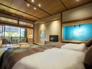 Twin beds in a tatami-style guest room