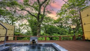 Baño de madera al aire libre en una terraza entre árboles