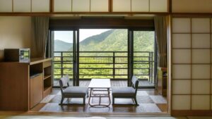 Zona de estar con tatami frente al balcón y a la vista a la montaña