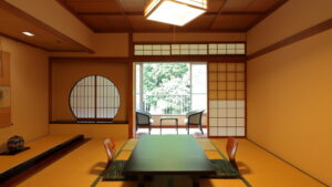 窓際に低いテーブルと椅子がある畳の部屋