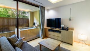 Sofa seating area with TV beside private bath