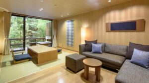 Tatami seating area with low table and sofa