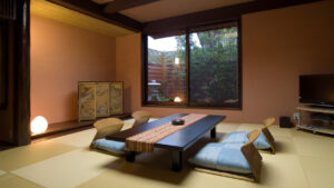 Tatami room with low table and floor chairs