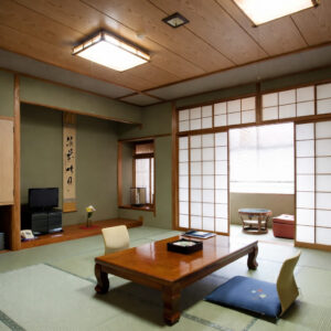 Tatami room with low table and floor chairs