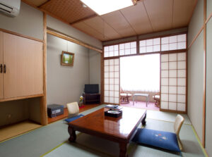 Tatami room with low table and floor cushions