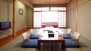 Tatami room with low table and floor cushions