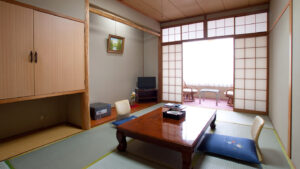 Tatami room with low table and floor cushions