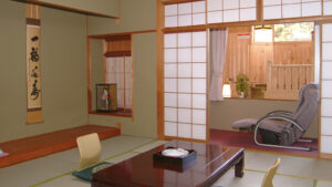 Tatami room with low table and massage chair