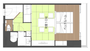 Plan d’une chambre avec espace tatami et lits