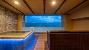 Salle de bain privée à côté du coin salon face à l’océan