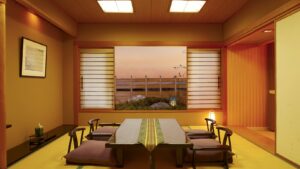 Habitación de tatami con mesa baja y sillas de suelo