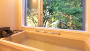 窗边可眺望森林的木浴池