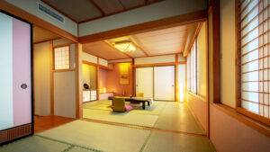 Tatami-Zimmer mit niedrigem Tisch und Bodenstühlen