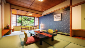 Tatami-Zimmer mit niedrigem Tisch und Bodenkissen