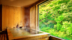 Private Holzbadewanne neben großem Fenster mit Waldblick