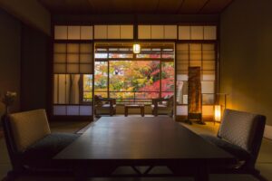 Tatami room with low table and chairs by window