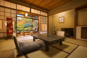 Tatami room with low table and floor chairs