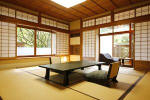 Tatami room with low table and floor chairs