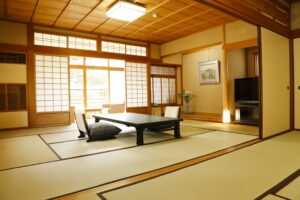 Tatami room with low table and floor chairs