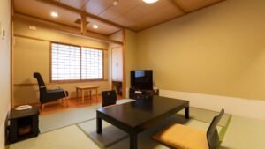 ローテーブル、椅子、テレビのある畳の部屋