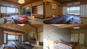 Collage d’une chambre d’hôtes en tatami avec tables et lit