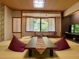 Tatami room with low table and floor cushions