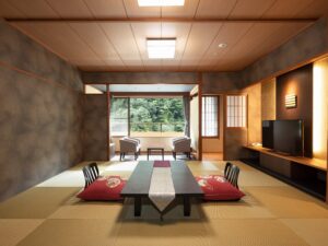 Tatami room with low table and floor cushions