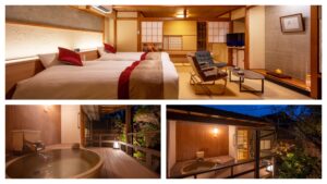 Collage della camera da letto e della vista sul bagno privato all'aperto