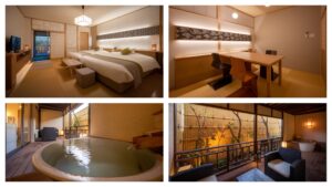 Collage di camera, scrivania, bagno e posti a sedere sul balcone