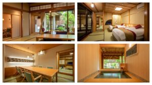 Collage della camera, della zona pranzo e del bagno