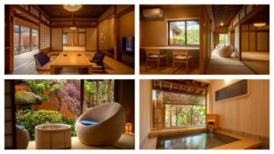 Collage degli interni della camera e delle viste del bagno privato