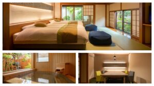 Collage del letto della camera, del bagno e della zona pranzo