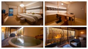 Collage della camera, della scrivania, del bagno e delle sedute sul balcone