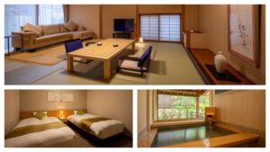 Collage dell’area salotto della camera, dei letti e del bagno privato