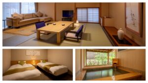 Collage di sedute, letti e bagno privato della camera