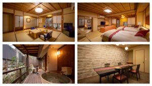 Quattro foto della camera, tra cui camera da letto, bagno e zona pranzo